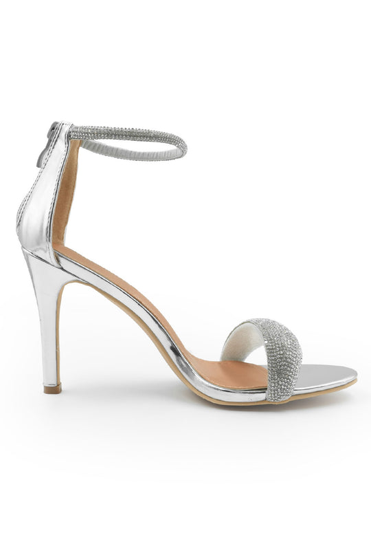 EVELYN WIDE FIT HIGH HEEL SANDALS WITH DIAMANTE ANKLE STRAP IN SILVER FAUX LEATHER