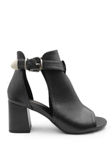 CHLOE BLOCK HEEL WITH SIDE BUCKLE AND OPEN TOE FRONT IN BLACK FAUX LEATHER