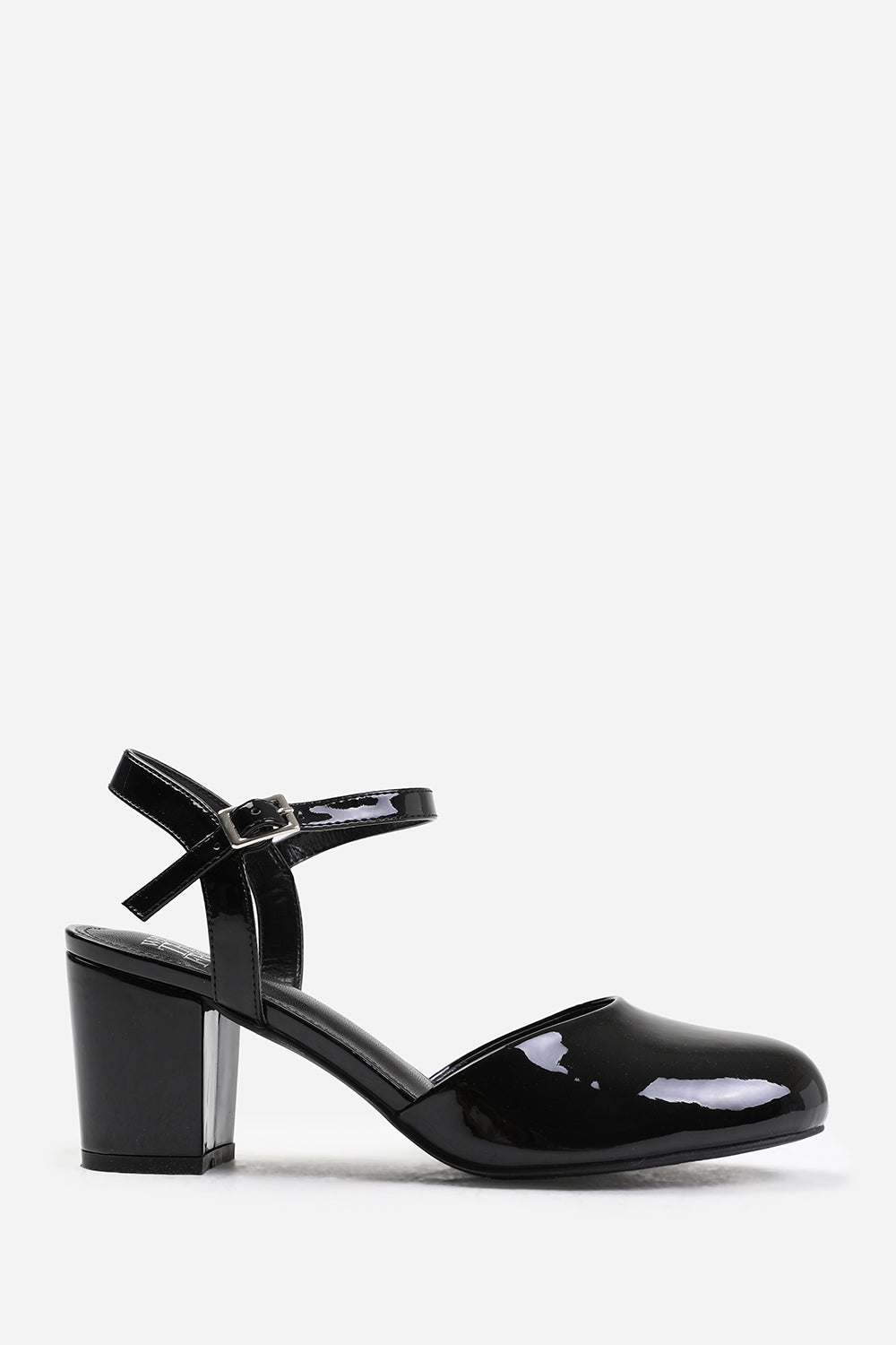 GUELDER WIDE FIT ROUND TOE MID BLOCK HEEL WITH STRAP IN BLACK PATENT