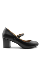 ARACELI WIDE FIT BLOCK HEEL MARY JANE PUMPS IN BLACK FAUX LEATHER