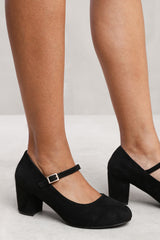 EFFIE BLOCK HEEL MARY JANE PUMPS IN BLACK SUEDE