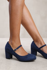 EFFIE BLOCK HEEL MARY JANE PUMPS IN NAVY SUEDE