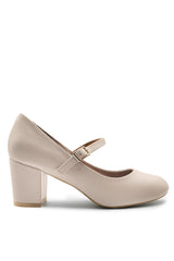 ARACELI BLOCK HEEL MARY JANE PUPMS IN NUDE FAUX LEATHER