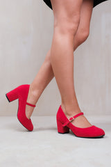 ARACELI BLOCK HEEL MARY JANE PUPMS IN ROUGE RED FAUX SUEDE