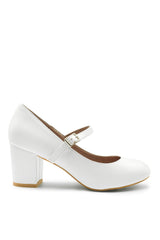 ARACELI EXTRA WIDE FIT BLOCK HEEL MARY JANE PUMPS IN WHITE FAUX LEATHER