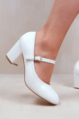 ARACELI BLOCK HEEL MARY JANE PUPMS IN WHITE FAUX LEATHER