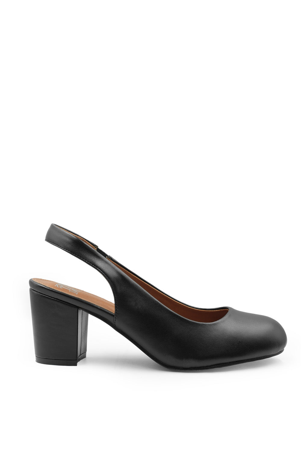 EDITH WIDE FIT BLOCK HEEL SLINGBACK SHOES IN BLACK FAUX LEATHER