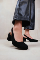 EDITH WIDE FIT BLOCK HEEL SLINGBACK SHOES IN BLACK SUEDE