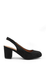 EDITH WIDE FIT BLOCK HEEL SLINGBACK SHOES IN BLACK SUEDE