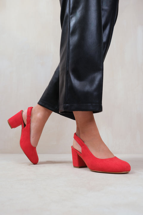 EDITH WIDE FIT BLOCK HEEL SLINGBACK SHOES IN RED SUEDE