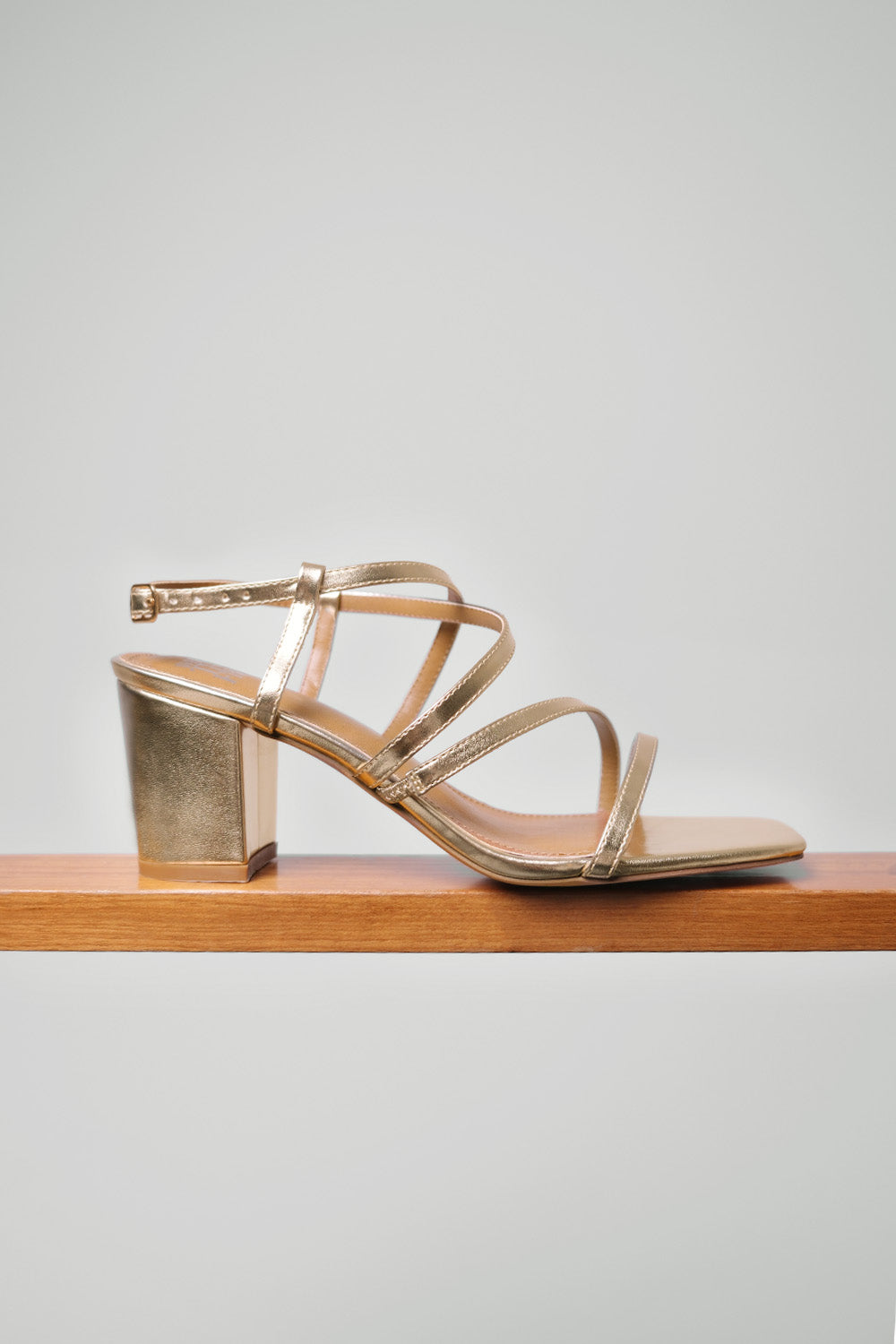 SIDRA EXTRA WIDE FIT MID HIGH BLOCK HEEL SANDALS WITH CROSS OVER STRAP IN GOLD METALLIC FAUX LEATHER