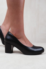 MELROSE MID BLOCK HEEL COURT SHOES IN BLACK FAUX LEATHER