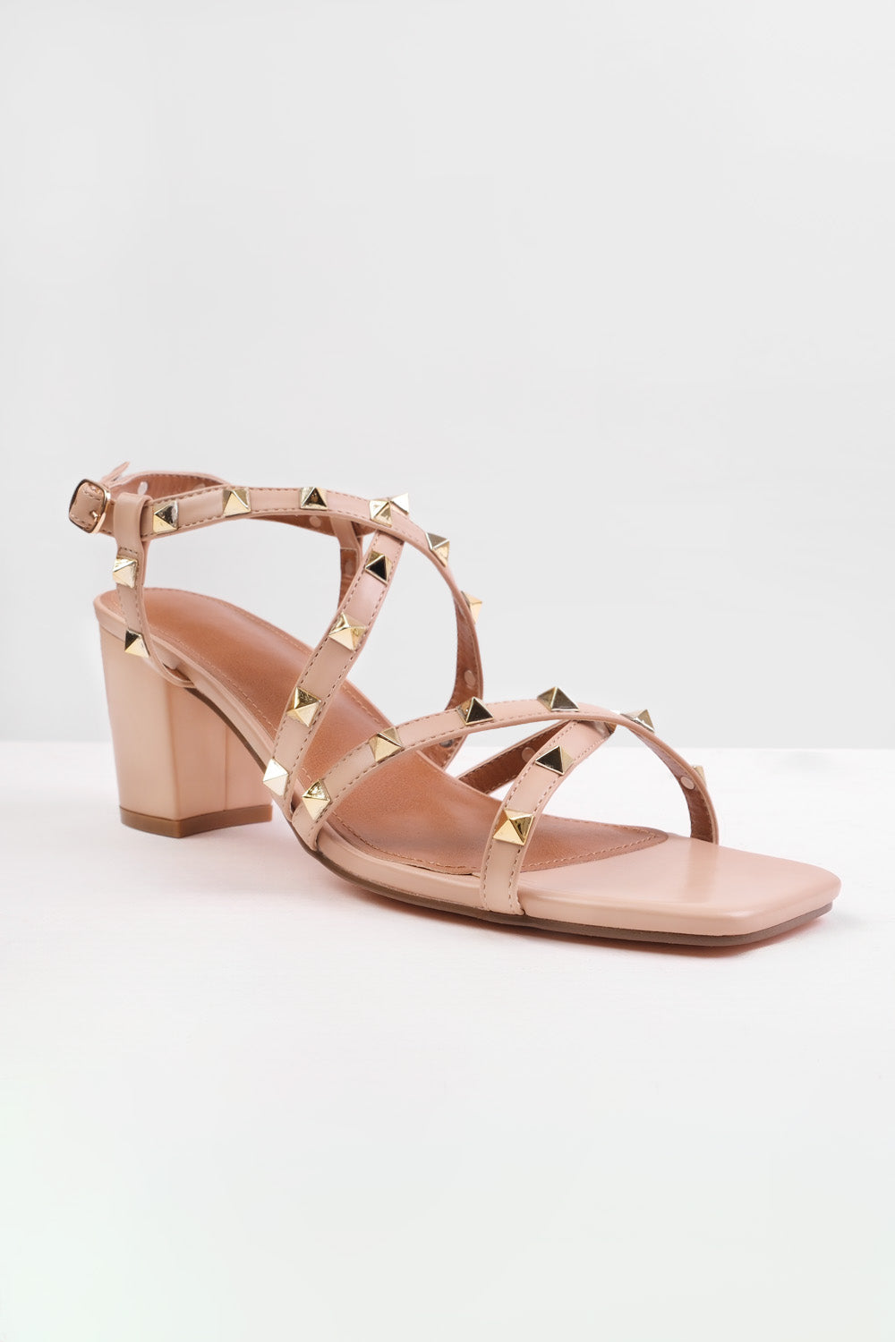 INTENSE STRAPPY BLOCK HEEL SANDALS WITH STUD DETAIL IN NUDE FAUX LEATHER