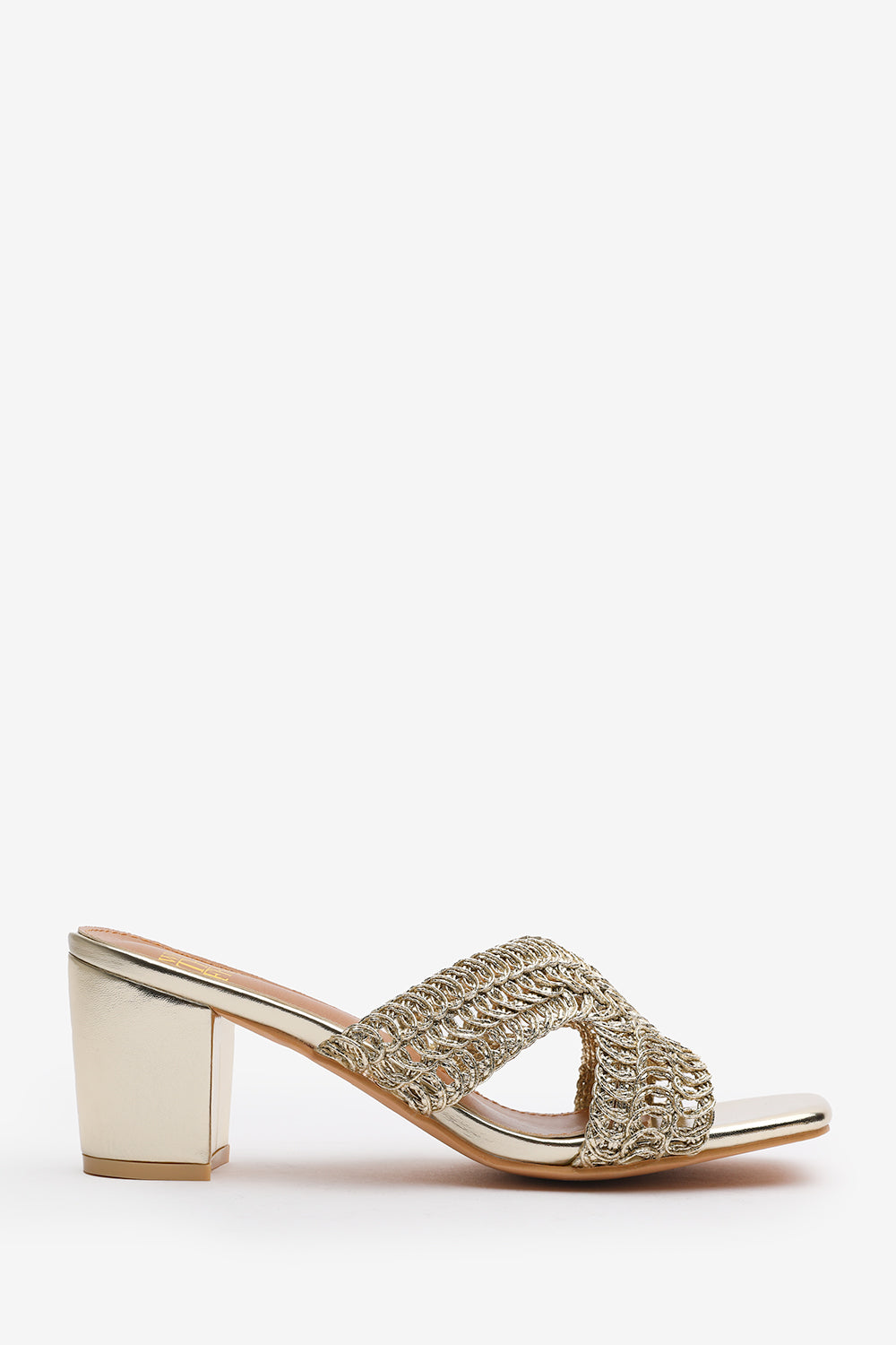 Summer Woven Strap Block Heel Slides in Gold Metallic Faux Leather