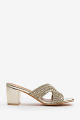 Summer Woven Strap Block Heel Slides in Gold Metallic Faux Leather