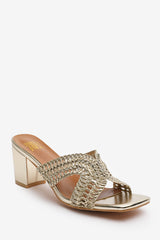 Summer Woven Strap Block Heel Slides in Gold Metallic Faux Leather