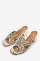 Summer Woven Strap Block Heel Slides in Gold Metallic Faux Leather