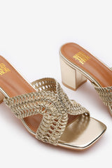 Summer Woven Strap Block Heel Slides in Gold Metallic Faux Leather
