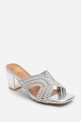 Summer Woven Strap Block Heel Slides in Silver Metallic Faux Leather