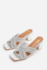 Summer Woven Strap Block Heel Slides in Silver Metallic Faux Leather