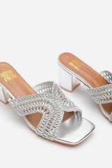 Summer Woven Strap Block Heel Slides in Silver Metallic Faux Leather