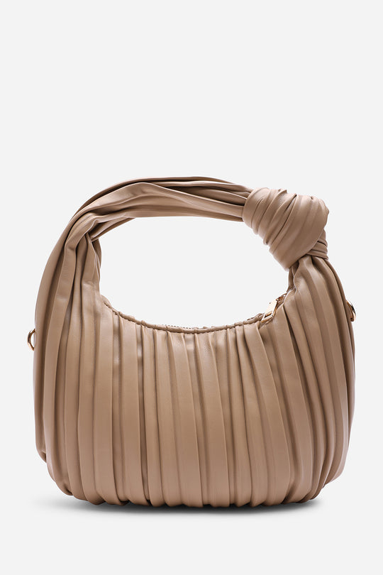 Glow Pleated Knot Handle Shoulder Bag With Gold Chain In Beige