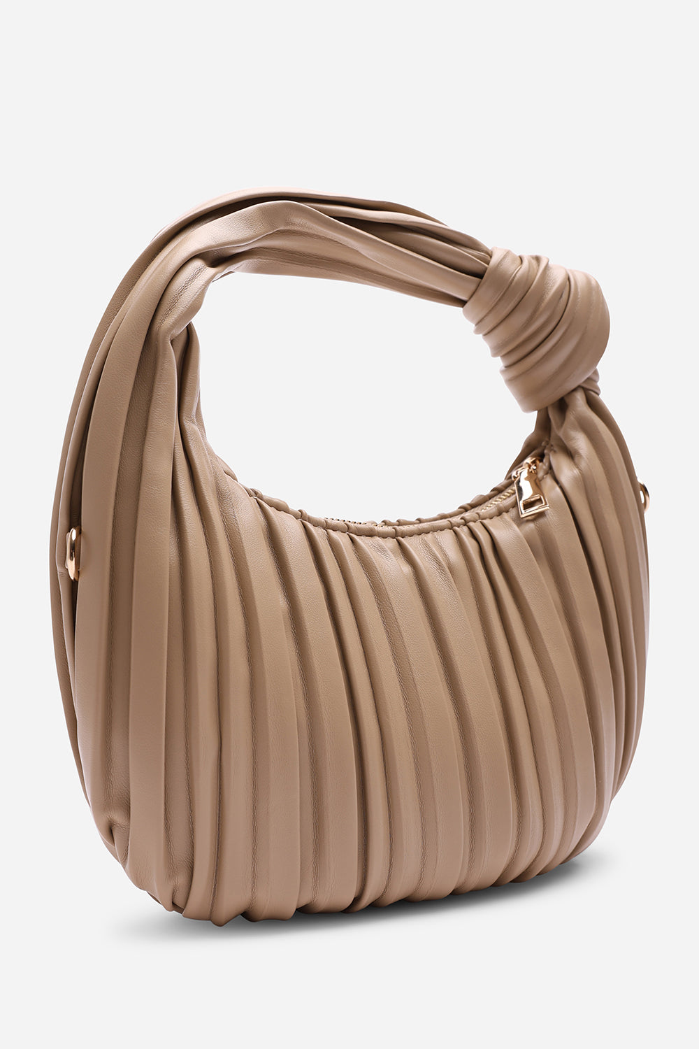 Glow Pleated Knot Handle Shoulder Bag With Gold Chain In Beige