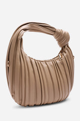 Glow Pleated Knot Handle Shoulder Bag With Gold Chain In Beige