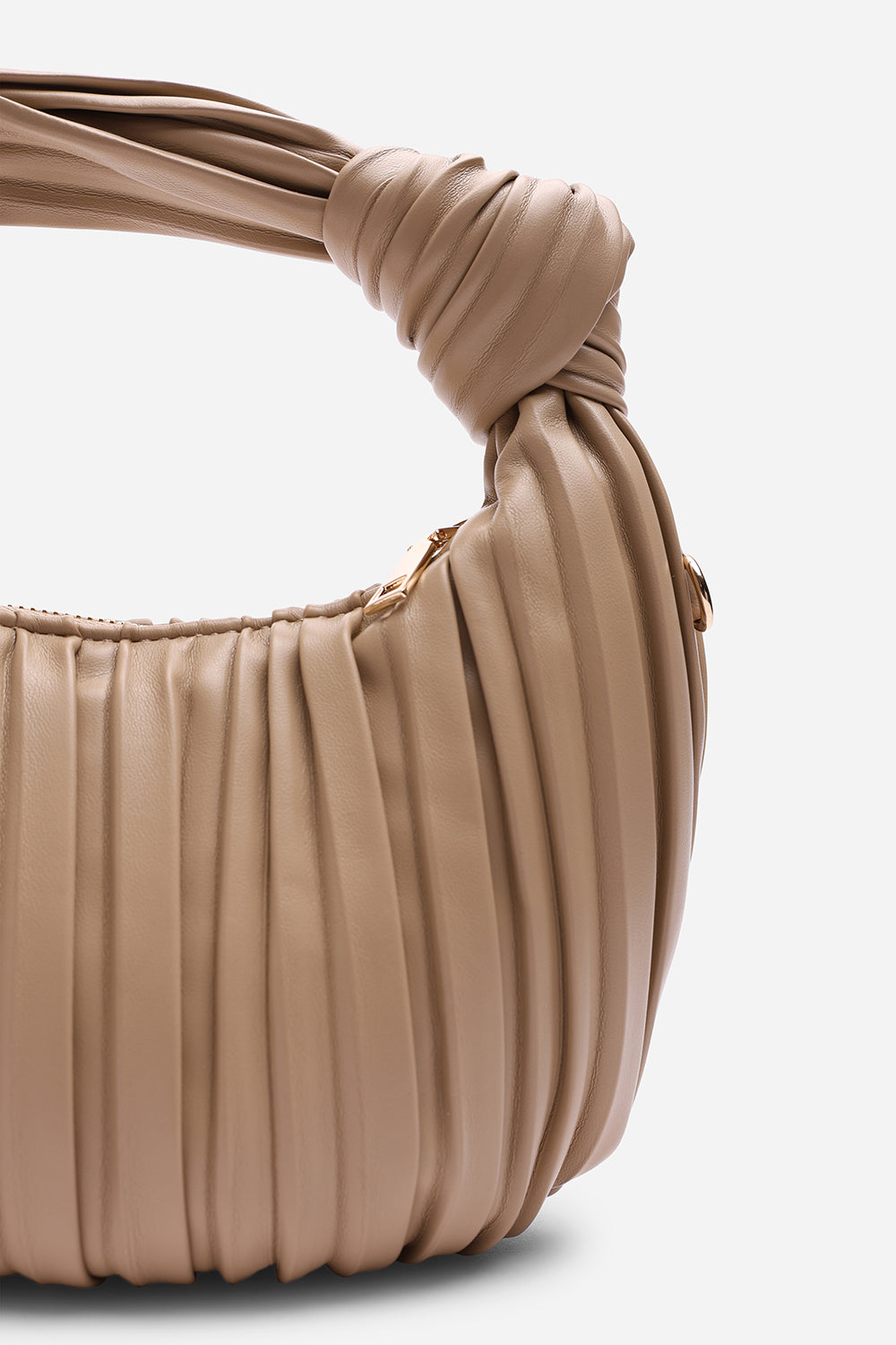 Glow Pleated Knot Handle Shoulder Bag With Gold Chain In Beige