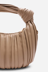 Glow Pleated Knot Handle Shoulder Bag With Gold Chain In Beige
