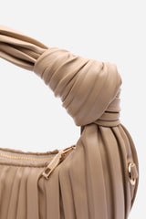 Glow Pleated Knot Handle Shoulder Bag With Gold Chain In Beige
