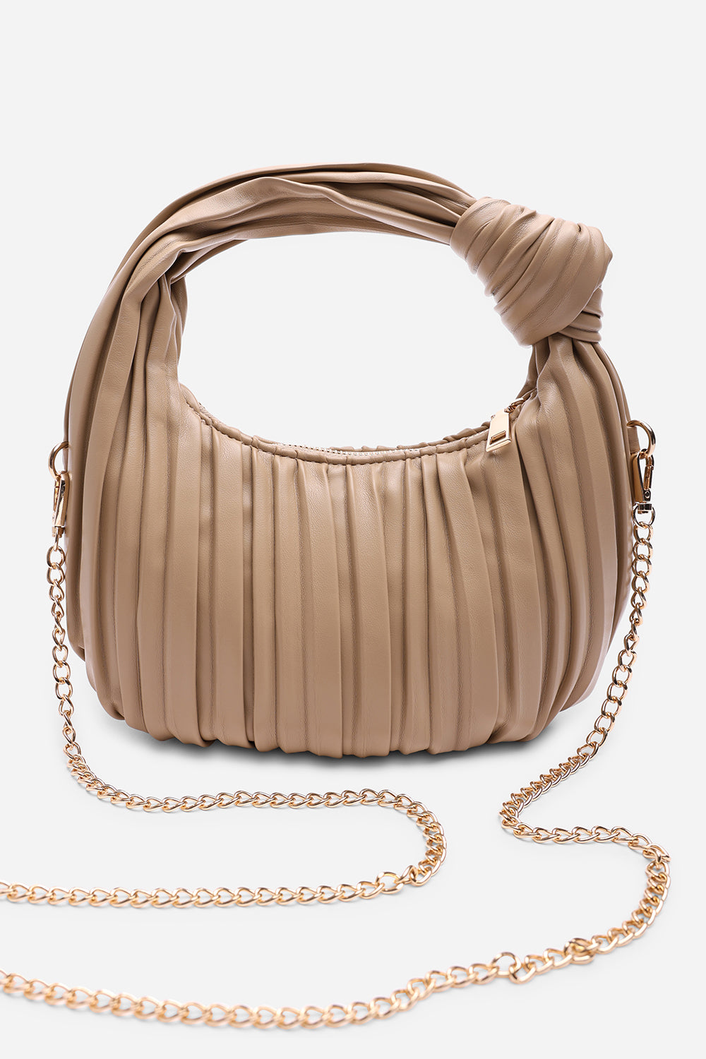 Glow Pleated Knot Handle Shoulder Bag With Gold Chain In Beige