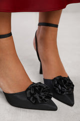 VIENNA POINTED TOE HEEL WITH FLOWER DETAIL IN BLACK SATIN