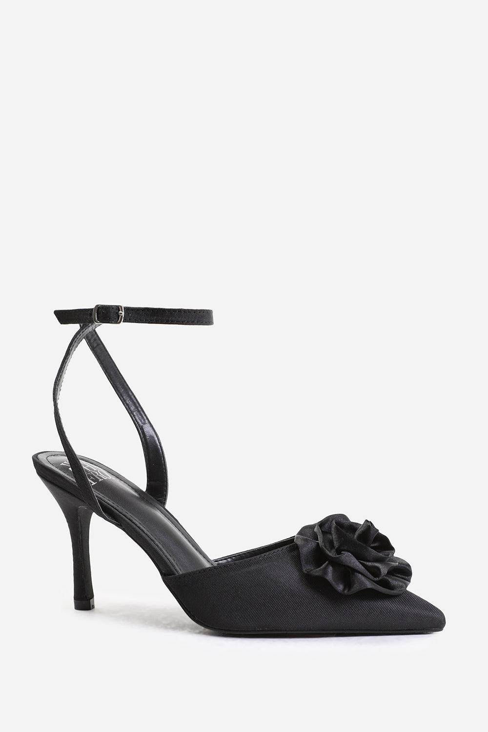 VIENNA POINTED TOE HEEL WITH FLOWER DETAIL IN BLACK SATIN