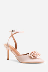 VIENNA POINTED TOE HEEL WITH FLOWER DETAIL IN CREAM SATIN