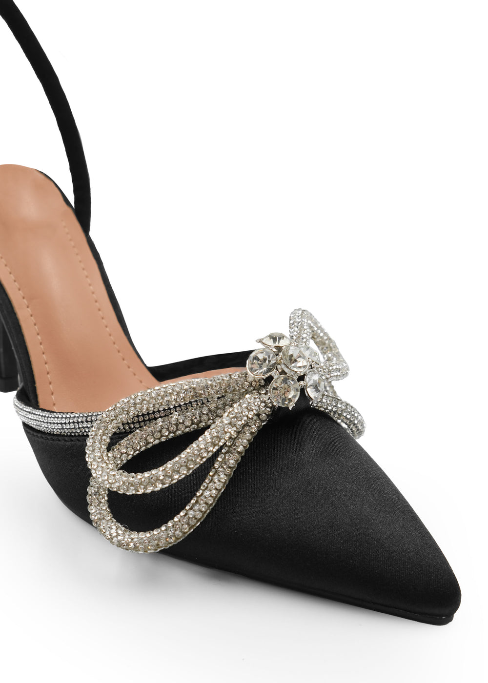 Tuvina Pointed Toe Mid High Stiletto Heel with Embellished Bow and Ankle Strap