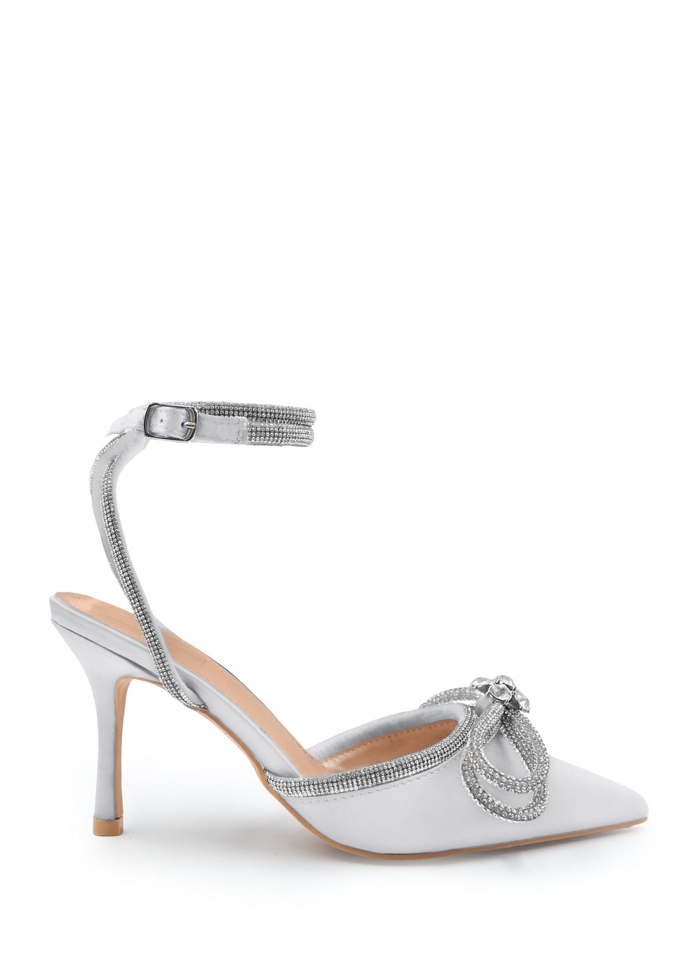 Tuvina Pointed Toe Mid High Stiletto Heel with Embellished Bow and Ankle Strap