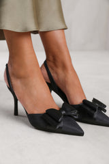 SPAIN POINTED TOE WITH DIAMANTE BOW DETAILING SLINGBACK MID HEELS IN BLACK SATIN