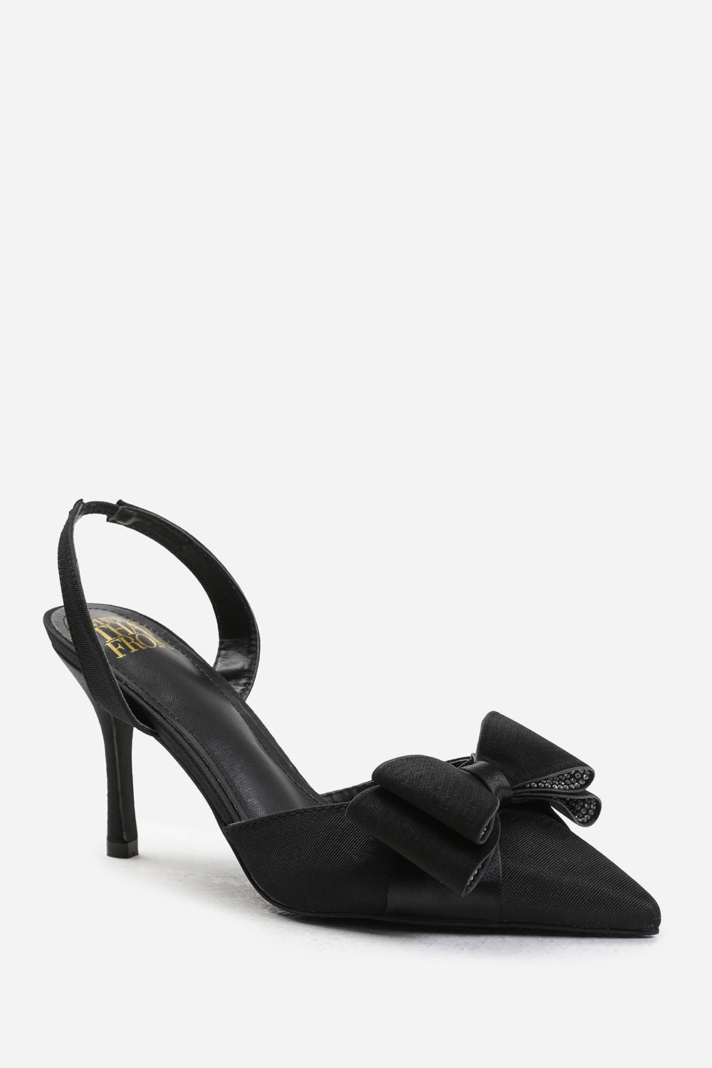 SPAIN POINTED TOE WITH DIAMANTE BOW DETAILING SLINGBACK MID HEELS IN BLACK SATIN