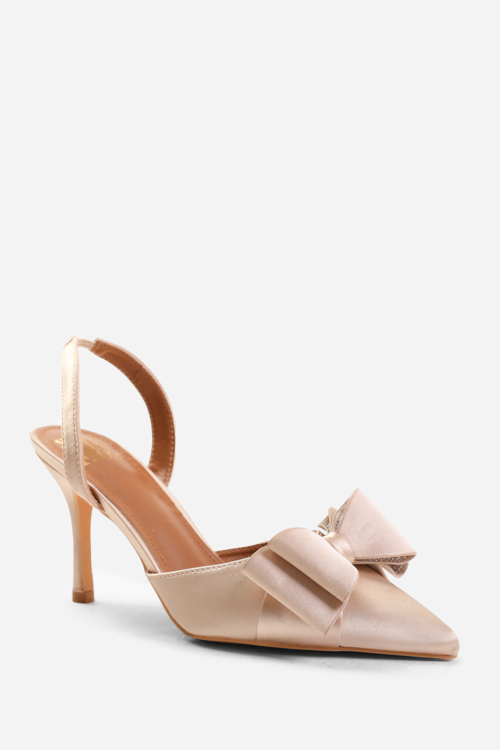 SPAIN POINTED TOE WITH DIAMANTE BOW DETAILING SLINGBACK MID HEELS IN CREAM SATIN