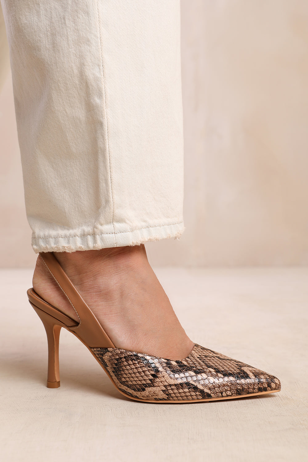 FIJI POINTED TOE SLINGBACK MID HEELS IN BROWN SNAKE FAUX LEATHER