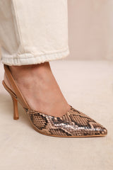 FIJI WIDE FIT POINTED TOE SLINGBACK MID HEELS IN BROWN SNAKE FAUX LEATHER