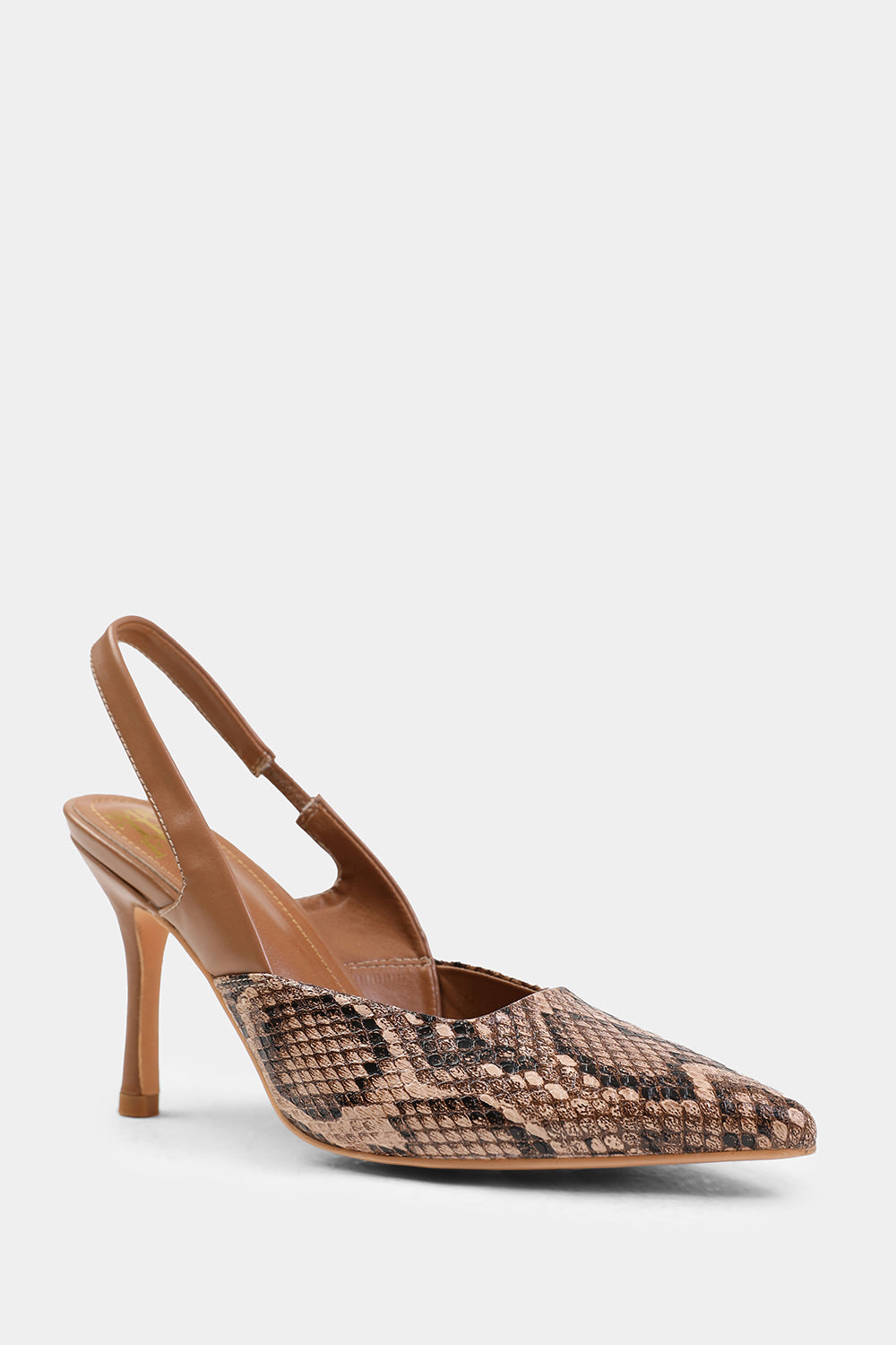 FIJI WIDE FIT POINTED TOE SLINGBACK MID HEELS IN BROWN SNAKE FAUX LEATHER