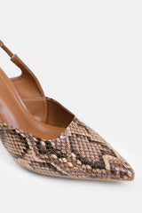 FIJI WIDE FIT POINTED TOE SLINGBACK MID HEELS IN BROWN SNAKE FAUX LEATHER