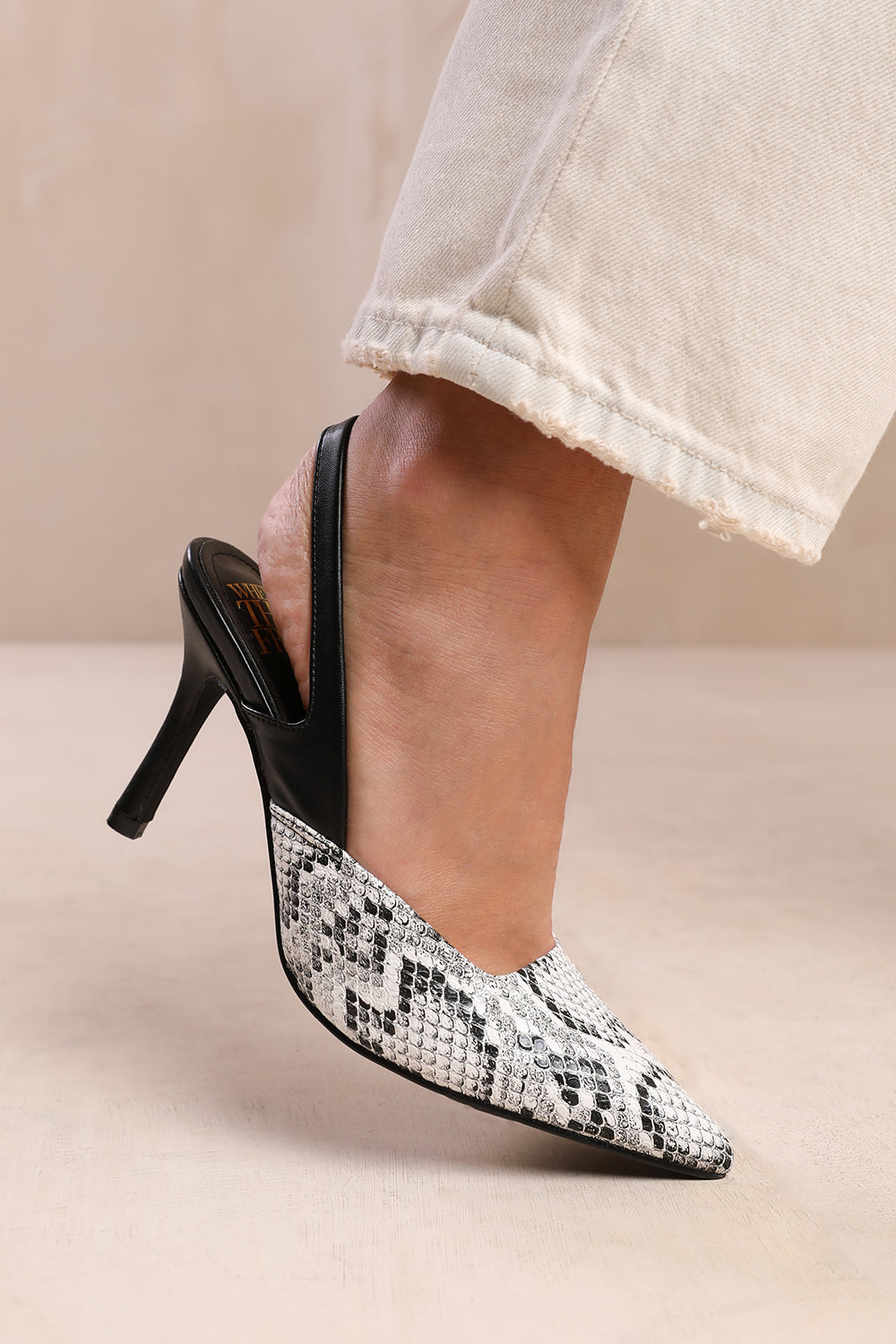 FIJI POINTED TOE SLINGBACK MID HEELS IN NATURAL SNAKE FAUX LEATHER