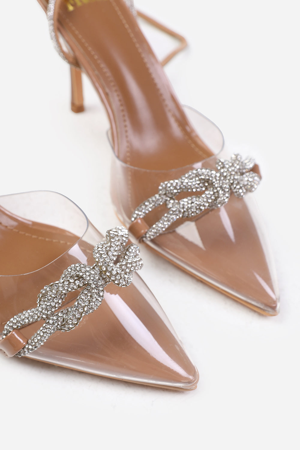 MOROCCO PERSPEX HEEL WITH EMBELLISHED DETAIL AND DIAMANTE CROSS STRAP IN MOCHA PATENT