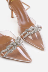 JULIA WIDE FIT PERSPEX HEEL WITH EMBELLISHED DETAIL AND DIAMANTE CROSS STRAP IN MOCHA PATENT
