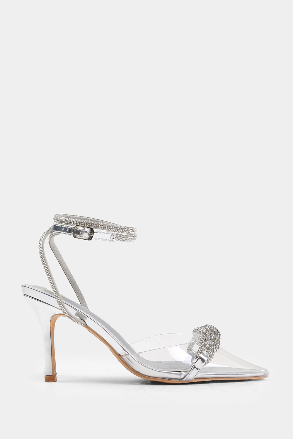 MOROCCO PERSPEX HEEL WITH EMBELLISHED DETAIL AND DIAMANTE CROSS STRAP IN SILVER FAUX LEATHER