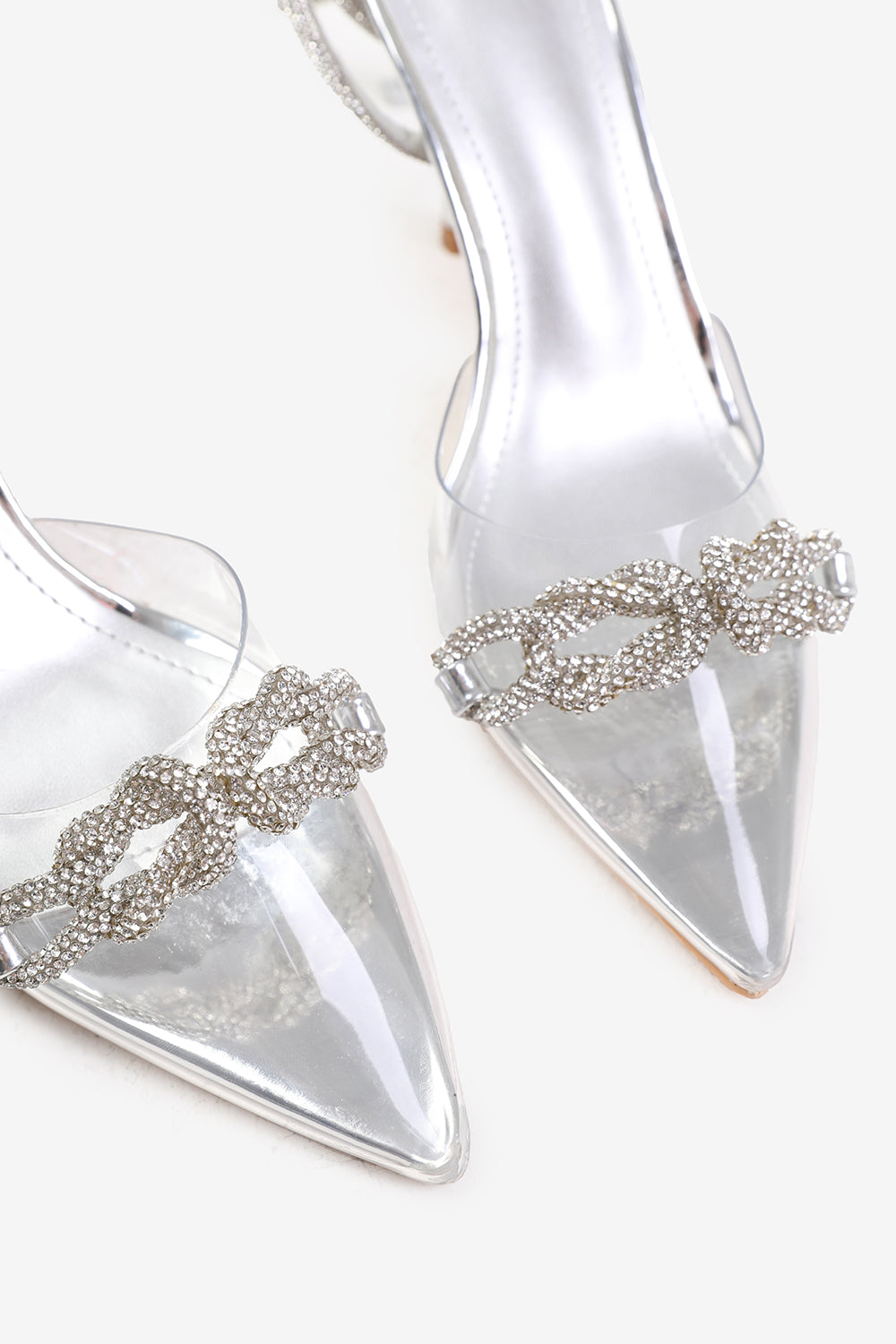 MOROCCO WIDE FIT PERSPEX HEEL WITH EMBELLISHED DETAIL AND DIAMANTE CROSS STRAP IN SILVER FAUX LEATHER