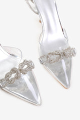 MOROCCO WIDE FIT PERSPEX HEEL WITH EMBELLISHED DETAIL AND DIAMANTE CROSS STRAP IN SILVER FAUX LEATHER